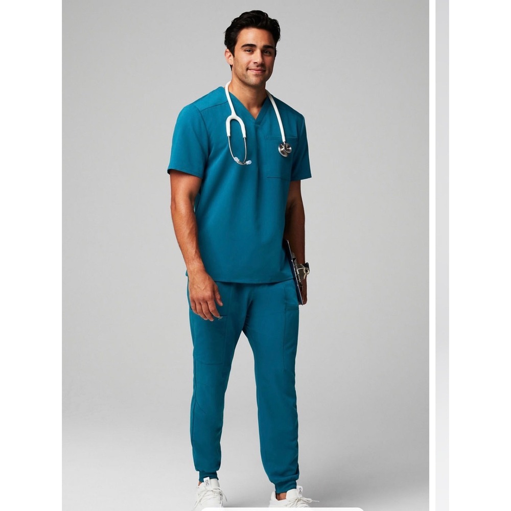 Fabletics Performance Scrub Set Mens Large Top Medium Jogger Caribbean Blue
